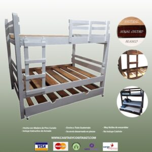 Cama Litera Triple de Madera  Tamaño Imperial con Cama Nido y con escalera