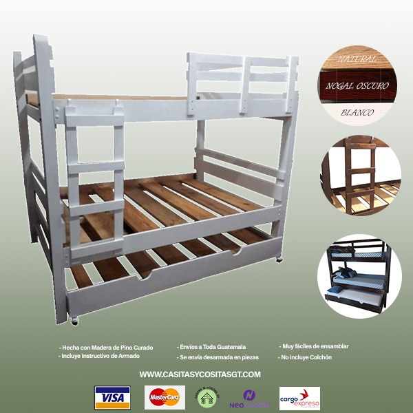 Cama Litera Triple de Madera  Tamaño Imperial con Cama Nido y con escalera