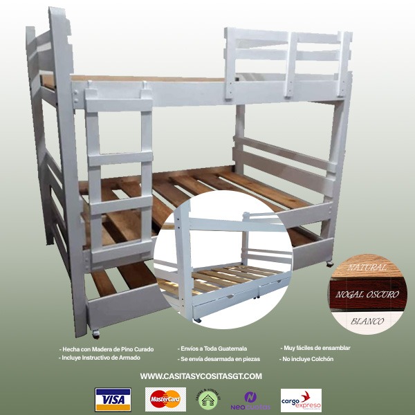 Cama Litera de Madera  Tamaño Imperial con Gavetas abajo y con escalera