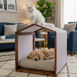 casa de madera con forro de tela para mascotas